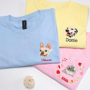 T-shirt personnalisé avec photo, t-shirt brodé, t-shirt portrait d'animal de compagnie personnalisé, t-shirt personnalisé avec nom d'animal de compagnie, cadeau unique pour amoureux des animaux de compagnie