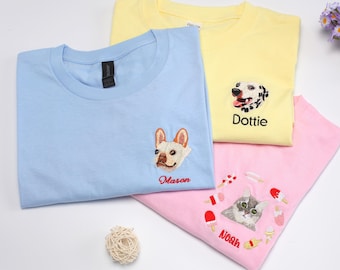 Custom Pet T-Shirt with Photo, Embroidered T-Shirt, Personalized Pet Portrait T-Shirt, Custom Pet Name Shirt,Unique Gift for Pet Lover