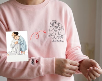 Embroidered Mom Portrait Sweatshirt - Custom Mama and Daughter Photo Sweater - Personalized Line Art Drawing - Mother's Day Gift