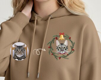 Custom Pet Portrait Embroidered Hoodie - Personalized Cat or Dog Sweatshirt - Holiday Wreath Design