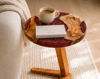 Olive Wood and Resin Side Table: Modern Rustic End Table