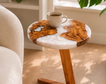 Olive Wood and Resin Side Table: Modern Rustic End Table