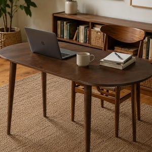 Handmade Dark Walnut Table, Minimalist Wooden Writing Desk, Mid-Century Modern Home Office Desk, Small Computer and Laptop Table