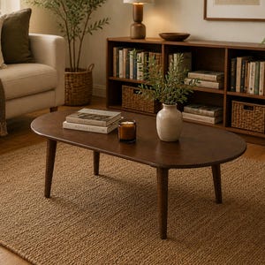 Puede incluir: Una mesa de centro ovalada de madera marrón oscuro con cuatro patas cónicas. Sobre la superficie de la mesa hay dos libros apilados titulados Kinfolk, un pequeño portavelas de cristal con una vela marrón y un jarrón de cerámica claro con follaje.