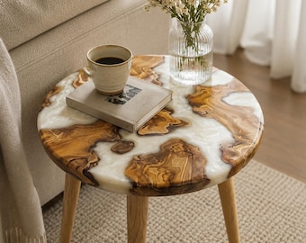 Olive Wood & Resin Side Table: Live Edge Rustic End Table