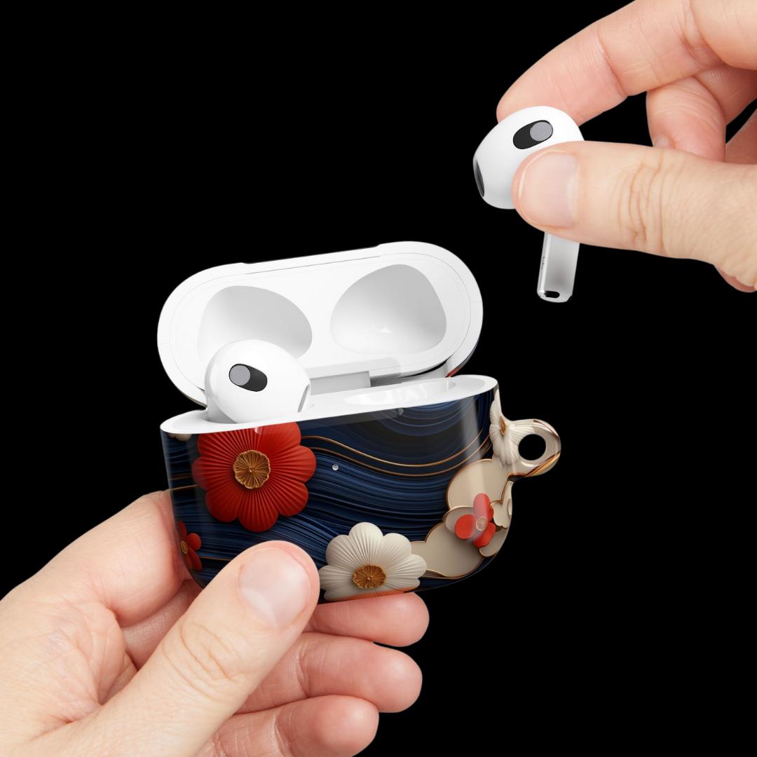 Japanese Wave Floral Airpods Case | Red Blue Gold Artistic Tech