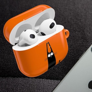 Funny Black Cat AirPod Case | Orange Cartoon Tech Gift for Cat Lovers