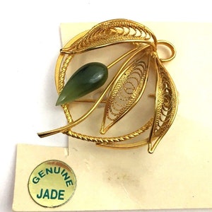 1960's Vintage Hand Crafted Natural Green Jade Pin on Original Card Made in Taiwan Filigree Gold image 1