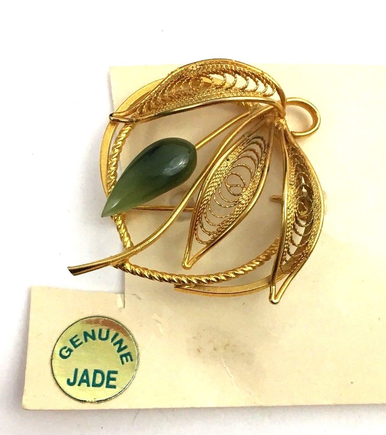 1960's Vintage Hand Crafted Natural Green Jade Pin on Original Card Made in Taiwan Filigree Gold image 1