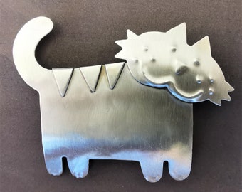 1990's Vintage Metal CAT Pin - Stainless Steel Handcrafted Grinning Cat