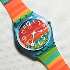 Vintage NEW Old Stock Swatch Watch COLOR The SKY Design GS124 Rainbow Stripes Works Well image 1