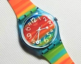 Vintage NEW Old Stock Swatch Watch COLOR The SKY Design GS124 Rainbow Stripes Works Well