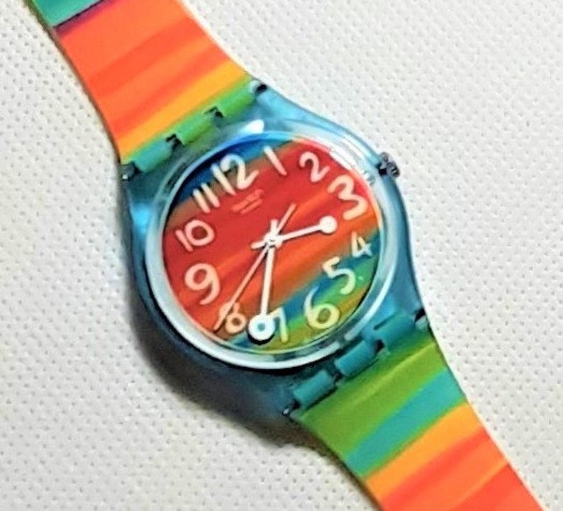 Vintage NEW Old Stock Swatch Watch COLOR The SKY Design GS124 Rainbow Stripes Works Well image 1