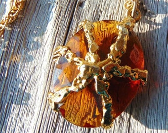 1960's Vintage - Large Faceted Honey Amber Brown Necklace Crystal Glass Pendant