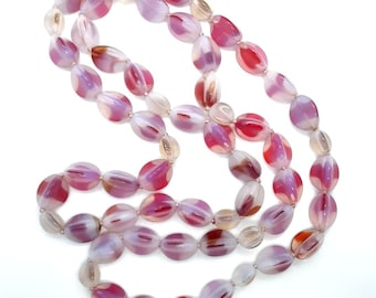 1940's  RETRO  Vintage Czech Milk Glass Bead Necklace - 36 Inch Knotted Beads Red White Clear Opal Strand