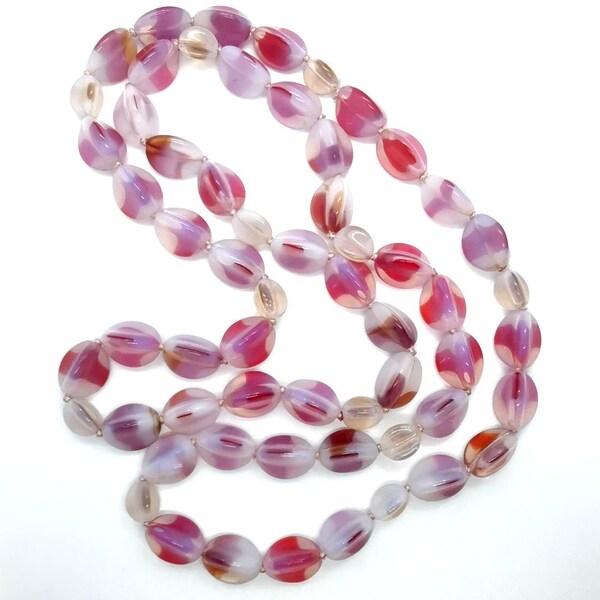 1940's  RETRO  Vintage Czech Milk Glass Bead Necklace - 36 Inch Knotted Beads Red White Clear Opal Strand