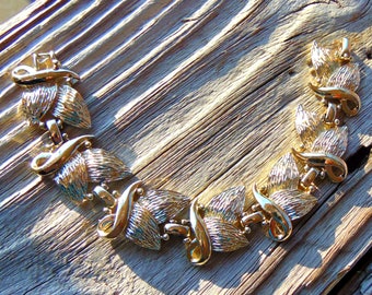 Retro Vintage H & S Leaf Pattern Link Bracelet - High End Costume Jewelry - Original SIGNED