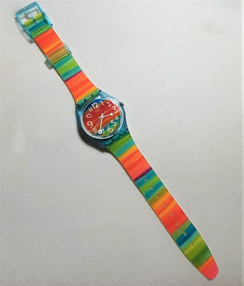 Vintage NEW Old Stock Swatch Watch COLOR The SKY Design GS124 Rainbow Stripes Works Well image 2