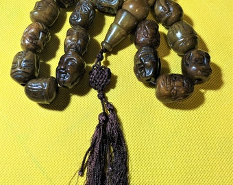 1960's Brown JADE Stone Buddah Mala Japanese Prayer Beads Necklace  - Large Buddah Head beads - Hand Carved Handcrafted