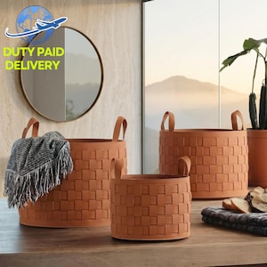 Handmade Woven Leather Storage Basket | Rustic Firewood Carrier | Small Organizer Fireplace & Home Decor