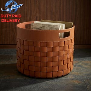 Handmade Round Woven Leather Storage Basket | Rustic Firewood Carrier | Fireplace & Home Decor Organizer