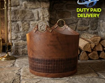 Cestino portaoggetti in pelle intrecciata / Contenitore organizer rustico fatto a mano / Porta legna da ardere decorativo
