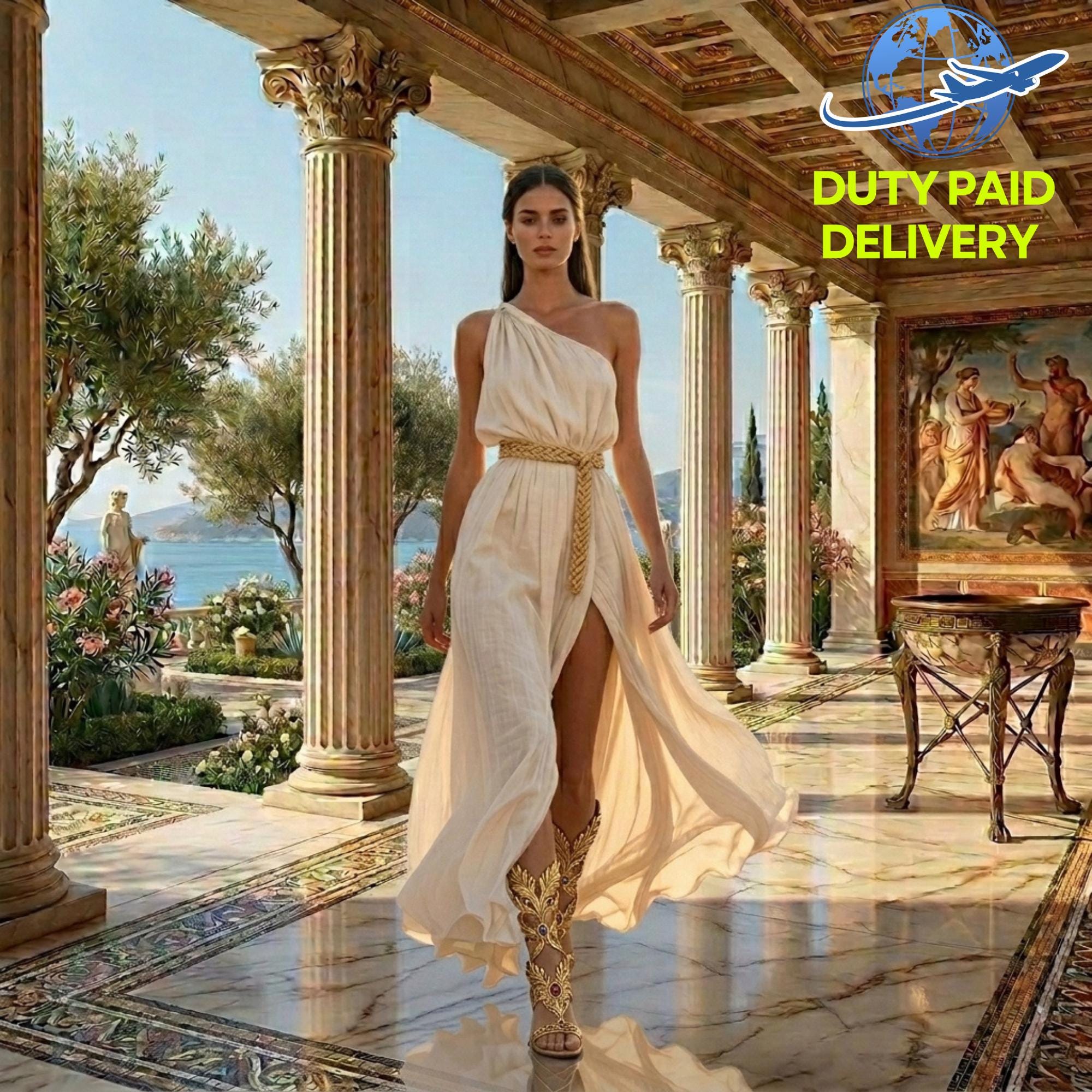 slim fit dress slacks Roman style V-neck pleated shoulder chiffon waist white wedding dress –  PreppyDress main image 1
