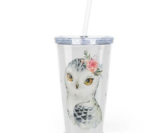 Vaso de plástico con diseño de búho y pajita, bonito vaso con forma de búho, reutilizable, regalo para amantes de la naturaleza, taza de viaje ecológica, estilo veraniego