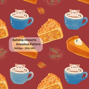 Cozy Autumn Desserts Seamless Pattern – Apple Pie, Pumpkin Pie, and Latte Cat on Bordeaux Background