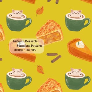 Cozy Autumn Desserts Seamless Pattern – Pumpkin Pie, Apple Pie, and Latte Cat on Mustard Background