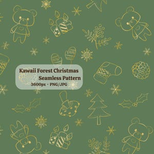 Kawaii Forest Christmas Seamless Pattern – Hand-drawn Small Design in Green & Gold with Cute Bears and Holiday Motifs