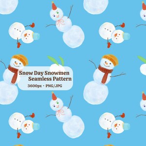 以下が含まれることがあります： 水彩画の雪だるまが描かれたシームレスパターン。背景は水色です。雪だるまはオレンジ色の帽子、赤いスカーフ、小枝の腕で飾られています。赤いミトンをはめている雪だるまもいます。「Snow Day Snowmen Seamless Pattern」の文字が含まれています。
