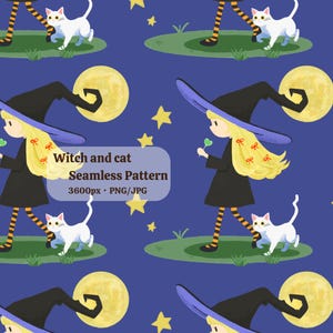 Hand-drawn Cute Witch and Cat Seamless Pattern – Kawaii Magical Paper for Journals & Crafts