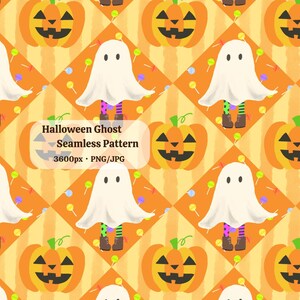 Japanese Kawaii Halloween Seamless Pattern – Cute Ghost and Pumpkin Digital Paper for Scrapbooking and Wrapping, HaruPlus Design