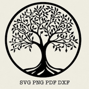 Może przedstawiać: Czarno-biała sylwetka drzewa życia z misternymi gałęziami i korzeniami, w środku koła. Tekst "SVG PNG PDF DXF" znajduje się pod obrazem.