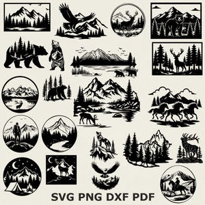 Peut inclure: Une collection de motifs noirs et blancs sur le thème de la nature, représentant des montagnes, des arbres, des ours, des cerfs, des aigles et des loups. Les motifs sont de formes variées, dont des cercles et des rectangles. Le texte en bas indique "SVG PNG DXF PDF".