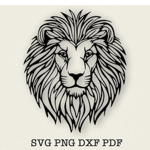 May include: Black and white line art illustration of a lion's head with a detailed mane. The image is suitable for use as a digital download for crafting projects.