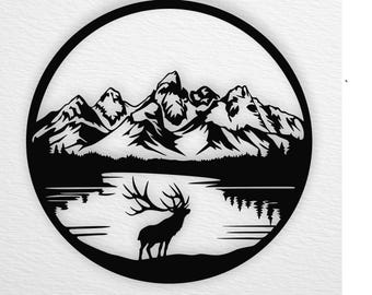 Elk and Mountain Scene SVG | Hunting Clipart (Digital Art)