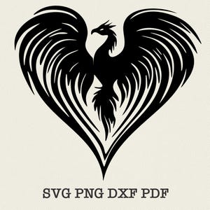 May include: Black silhouette of a phoenix with its wings spread out in the shape of a heart.