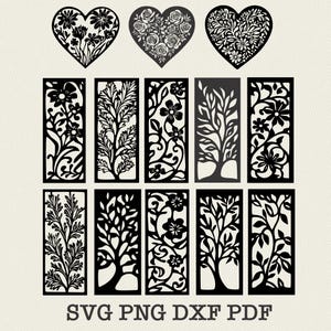 May include: A collection of black, laser-cut designs featuring floral and tree motifs. The designs include three heart shapes with intricate floral patterns and rectangular panels with various tree and flower designs. The image also includes the text "SVG PNG DXF PDF".