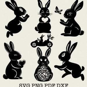 May include: A set of six black silhouette images of bunnies in various poses. The bunnies are holding hearts, a basket of eggs, and a butterfly. The images are perfect for crafting projects, scrapbooking, and digital design.