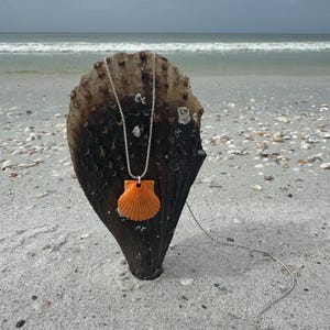 Op de afbeelding: Een oranje schelpenhangerketting met een zilveren ketting rust op een grote, donkerbruine schelp. De ketting wordt getoond op een zandstrand met de oceaan en een bewolkte lucht op de achtergrond. De hanger heeft de vorm van een sint-jakobsschelp.