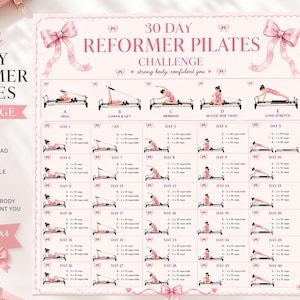 Può includere: Un grafico rosa stampabile della sfida Pilates Reformer di 30 giorni. Il grafico presenta illustrazioni di esercizi, con testo tra cui "Frog", "Lower & Lift" e "Mermaid". Il testo include anche "Strong body, confident you".