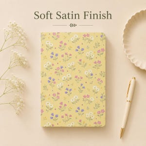 Vintage Wildflower Pattern Soft Cover Journal | Floral Notebook, Pastel Yellow, Soft Satin Finish