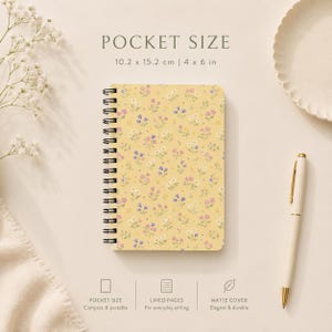Vintage Wildflower  Pattern Spiral  Journal | Floral Notebook, Pastel Yellow, Pocket Size