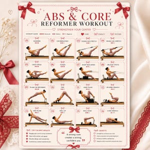Può includere: Un poster illustrato per un "ABS & CORE REFORMER WORKOUT" con esercizi. Il poster include esercizi come "Hundred", "Coordination" e "Teaser". Presenta anche consigli e i benefici dell'allenamento.