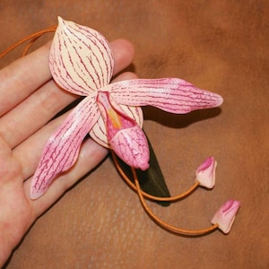 May include: A handcrafted orchid flower pendant featuring a pale cream and pink colour palette with dark pink veining. The orchid has a central pouch and two long, thin brown cords extending downward, each ending in a small, closed pink flower bud.