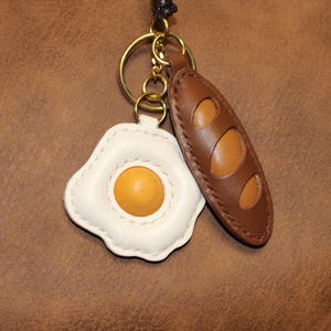 Leather Baguette and Fried Egg Bag Charm, Handmade Food Bag Charm, Food Eggs Bag Pendant Bag Charm, Leather Charm Gift