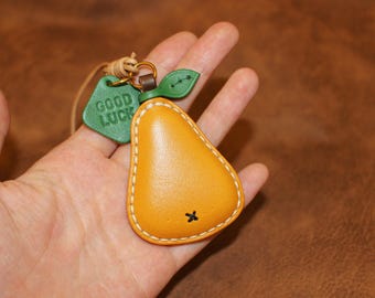 Leather Pear Bag Charm, Handmade Yellow Pear Bag Charm, Fruit Bag Pendant Bag Charm, Leather Charm Gift