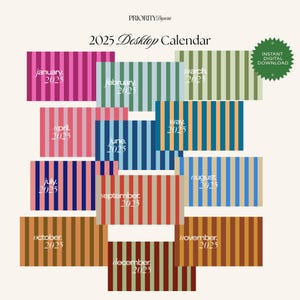 May include: A 2025 desktop calendar with a cream background. Each month is represented by a rectangular block with vertical stripes in various colors. The calendar includes the text "2025 Desktop Calendar" and "Instant Digital Download."